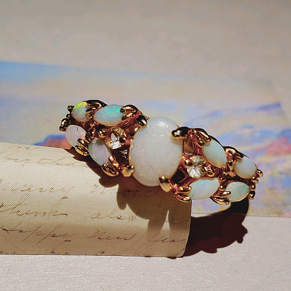 Gold Toned Cluster Opal and Crystal Statement Ring